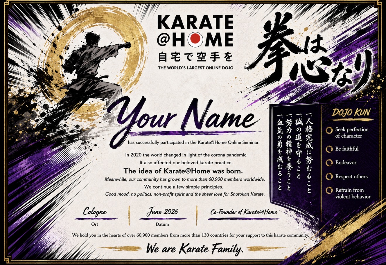 Karate@Home Urkunde — Modern Design mit Karateka-Silhouette in Gold und Violett